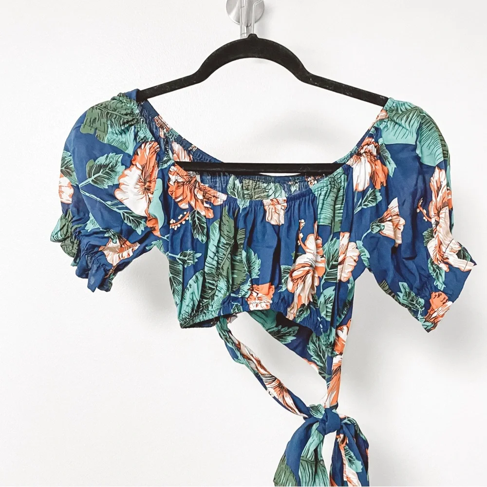 No Brand 100% Rayon Tropical Floral 2 Piece Crop Top Chic Skirt Set Blue‎